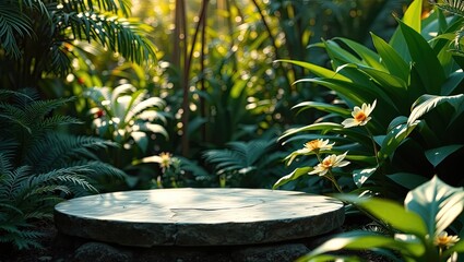 A round, wooden platform sits in a lush, green forest.