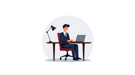 Businessman sitting at a desk in an office environment. The man is dressed in a formal suit and tie, indicating a professional setting. He is seated on a red office chair and is working on a laptop