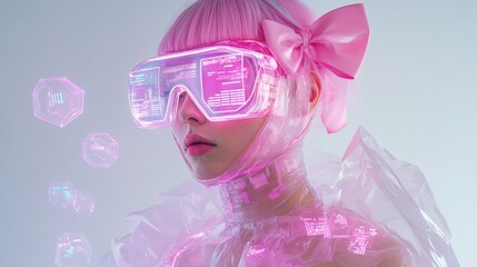 Futuristic cyberpunk woman with neon pink vr glasses and tech elements