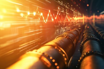 Oil pipelines transporting fossil fuel with increasing price graph showing energy crisis