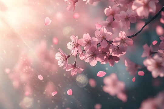 Delicate cherry blossoms bathed in soft, warm sunlight, their petals gently falling, capture the ephemeral beauty and tranquility of nature in full bloom.
