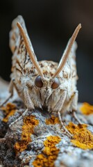 Macrophotography of a mysterious spider with its hairy legs and glaring eyes crawling cautiously on lichen covered and moss encrusted bark in the dark eerie wilderness  Detailed