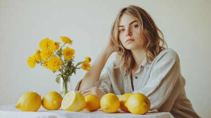 Obraz premium Young woman with lemons and flowers sitting at table in relaxed setting