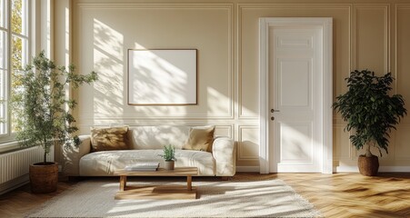 Cozy minimalist living room with sunlight and plants in elegant neutral design