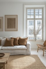 Minimalist living room with cozy couch and natural decor in sunlit apartment