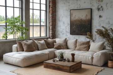 Cozy rustic living room interior with large l-shaped sofa and brick wall