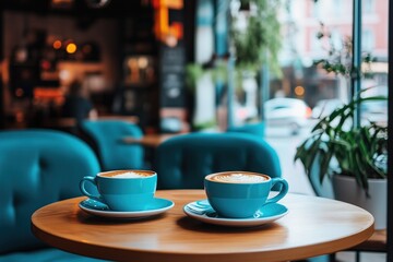 Two cappuccino cups sitting on table in modern coffee shop