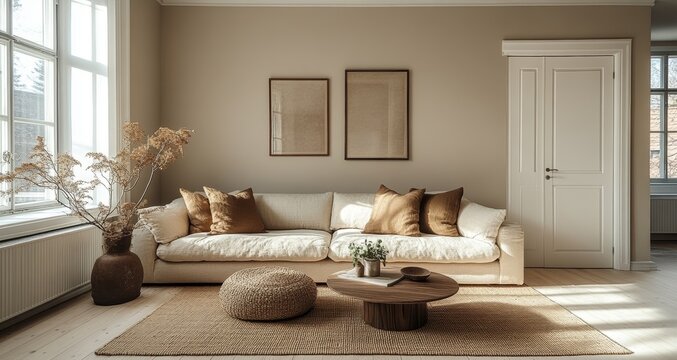 Cozy minimalist living room with beige sofa and natural decor elements