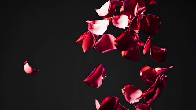Falling red rose petals on black background. Romantic and elegant floral animation. Love, passion, and beauty concept. Valentine's Day celebration