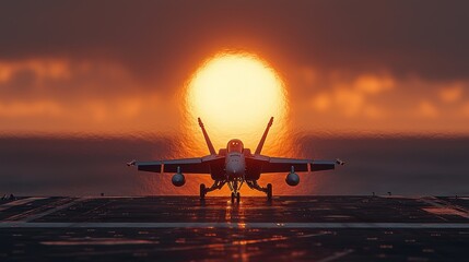 Sunrise Silhouette: F/A-18 Super Hornet on Aircraft Carrier Deck