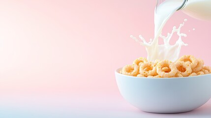 Creamy milk splashing into bowl of cereal against soft pastel ba