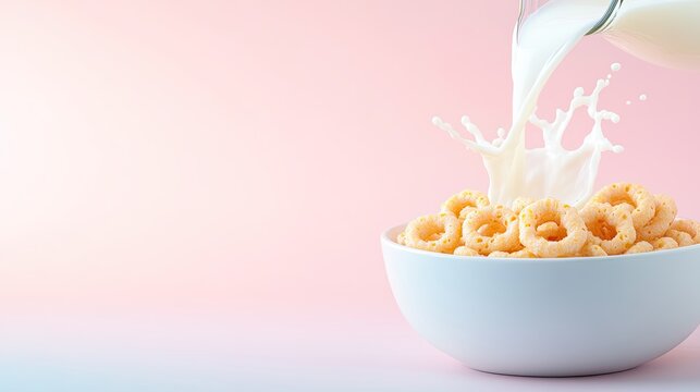 Creamy milk splashing into bowl of cereal against soft pastel ba