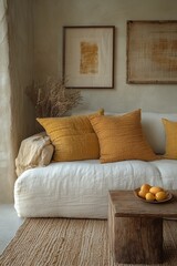 Cozy neutral living room with yellow pillows and rustic decor elements