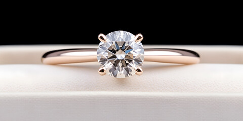 Elegant solitaire diamond ring in rose gold setting, showcased in a pristine white box.  Perfect for engagement or anniversary.