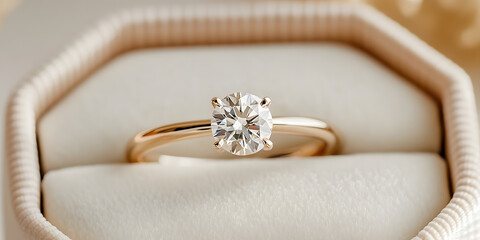 Solitaire diamond engagement ring in a beige ring box.  Classic elegance and timeless style. Perfect for proposals or anniversaries.