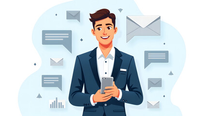 Professional individual dressed in a suit, holding a smartphone. Surrounding the person are various icons representing different forms of communication, such as emails, text messages, and chat bubbles