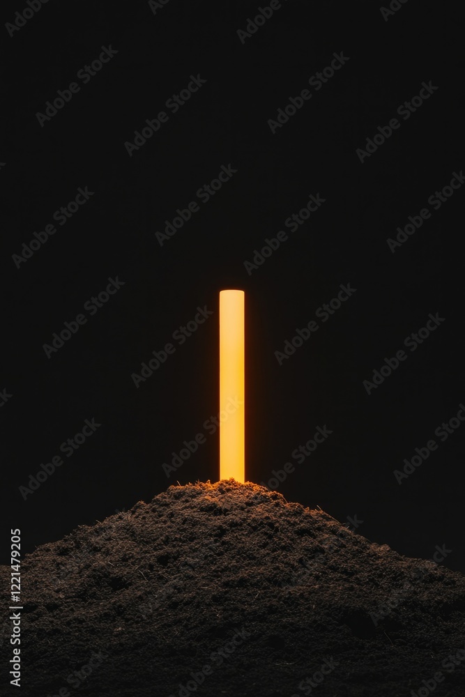 Poster illuminated column rises from textured mound, creating striking