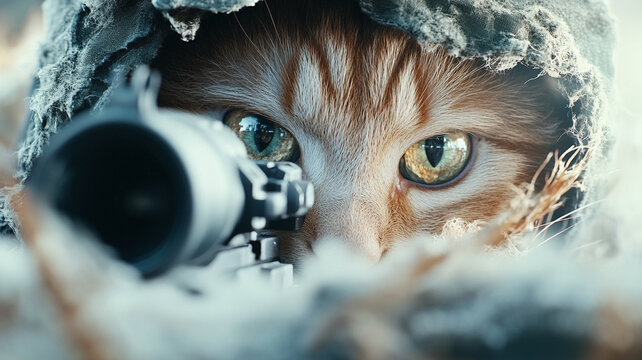 Close up view of an orange tabby cat peering through a scope, camouflaged in snowy surroundings. The cat's intense gaze and the snowy, wintery setting create a dramatic and intriguing scene.
