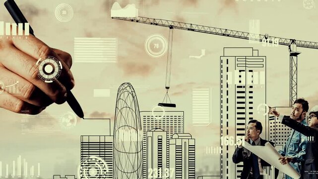 City civil planning and inventive real estate development . Architect people looking at abstract city sketch drawing to design creative future city building. Architecture dream and ambition concept.