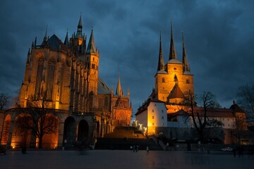 Cathedral and church Severi in Erfurt in the blue hour after sunset