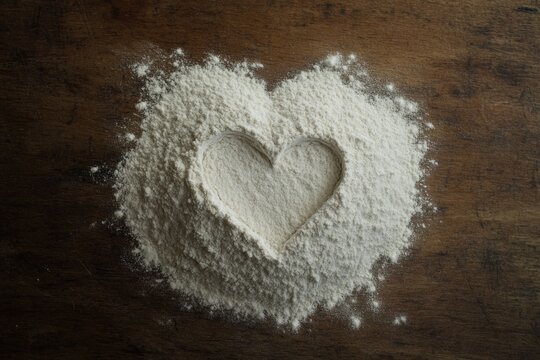 White flour arranged in heart shape on wooden surface, symbolizi - Powered by Adobe