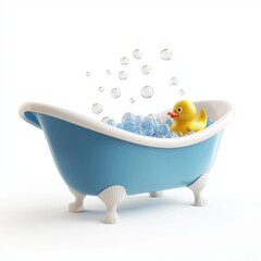 Naklejka premium 3D icon cartoon elegant bathtub with bubbles and a rubber duck isolated on a white background --quality 2