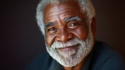 Elderly african male with gray beard smiling against dark background