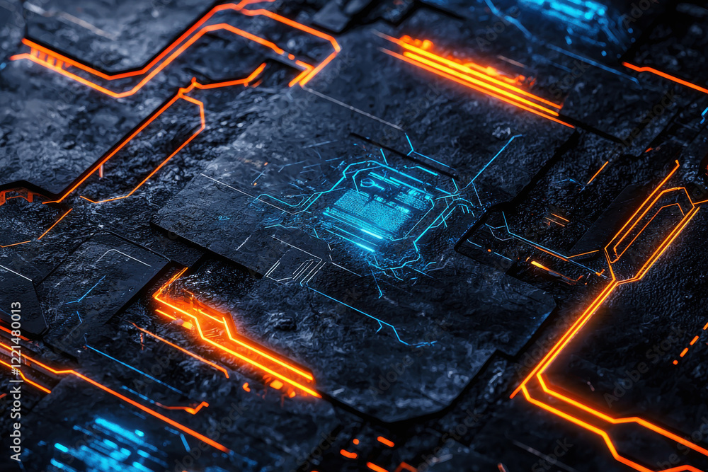 Poster dynamic pattern of overlapping abstract tech shapes in metallic blue and orange on a textured black 