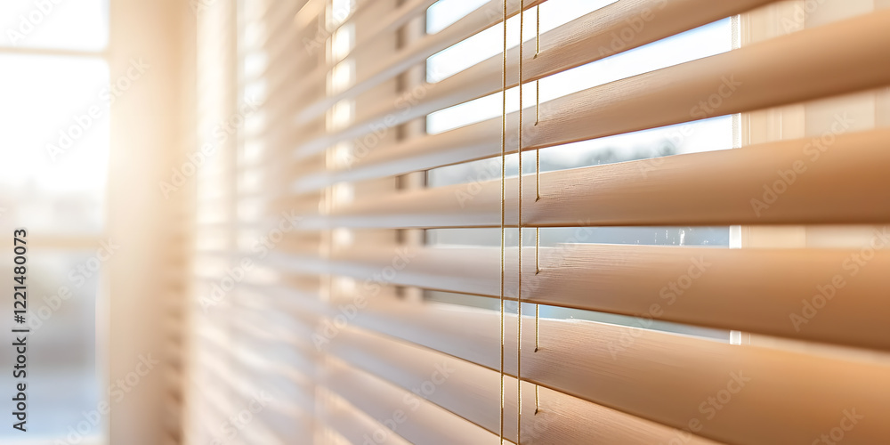 Poster light filtering through beige window blinds, creating a warm and inviting atmosphere. soft sunlight 