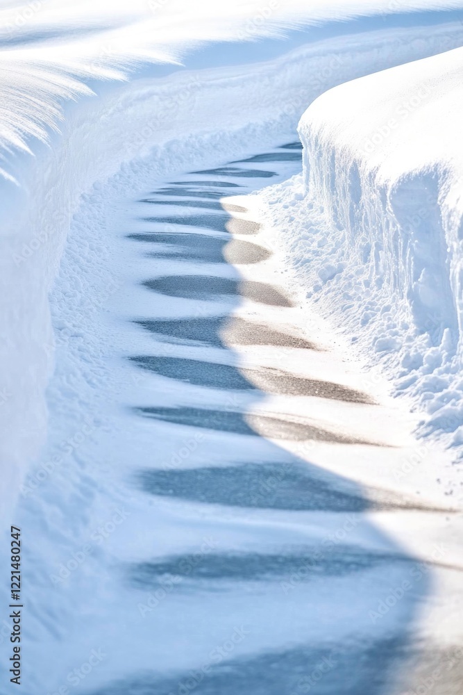 Poster winding snow path creates mesmerizing patterns with soft shadows