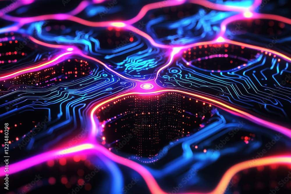 Poster glowing neural chip showcases intricate patterns and vibrant colors against a dark backdrop