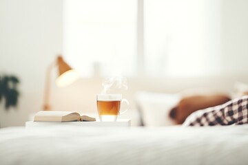 Warm tea sits on bedside table beside an open book, inviting rel