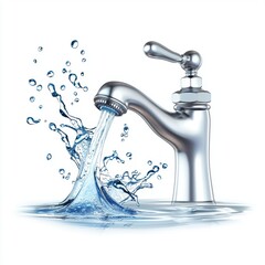 3D icon cartoon faucet with clean water splash, isolated on a white background -