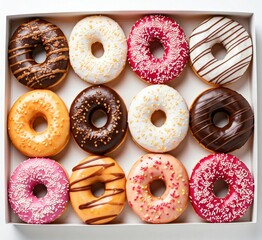assorted donuts in a box with white background