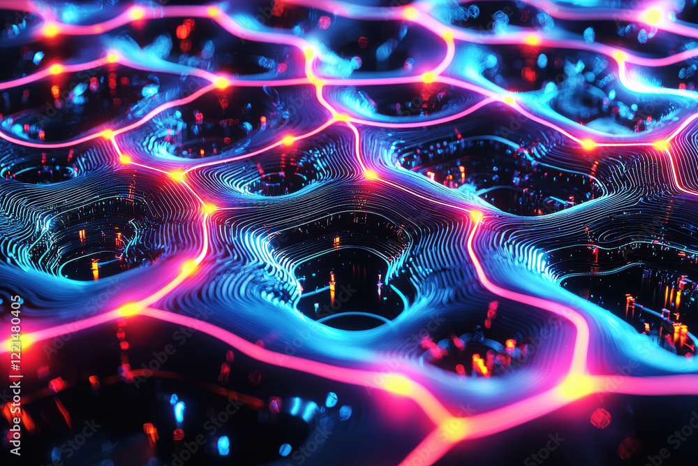 Poster close-up view of a vibrant glowing neural chip showcasing intricate patterns on a black background