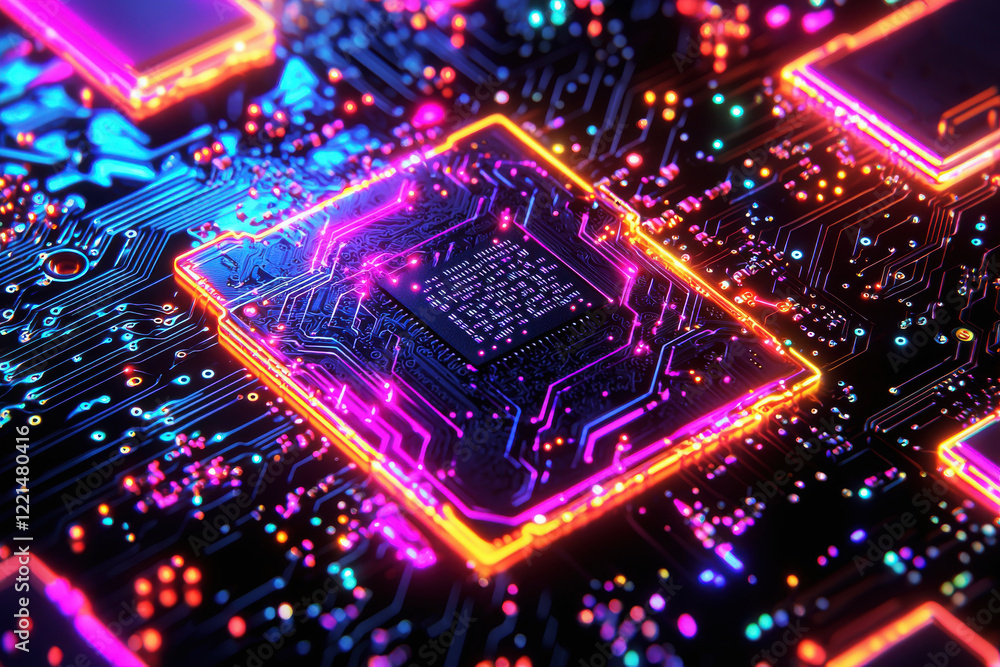 Poster glowing neural chip displays intricate patterns and vibrant colors set against a dark background