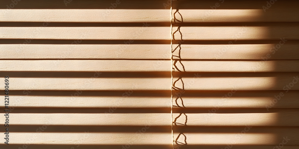 Poster sunlight streams through slightly open wooden blinds, casting intriguing shadows on the slats. a war