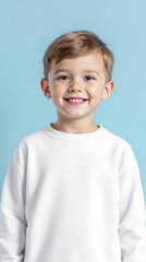 Little boy in white T-shirt on the blue background