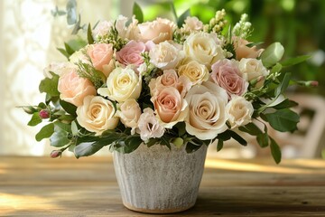 Simple, nostalgic arrangement of pastel roses in a rustic setting
