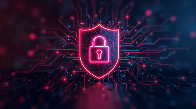 Abstract neon representation of cyber security, shield shape with padlock implied, glowing lines and circuit board textures, dark and blurred background, digital art - Powered by Adobe