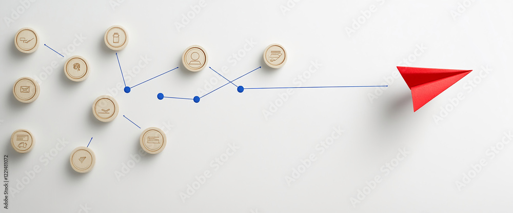 Poster creative network connection concept with wooden icons and red paper airplane. business background