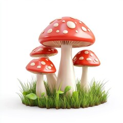 3D icon cartoon enchanted forest mushrooms, isolated on a white background --quality 2