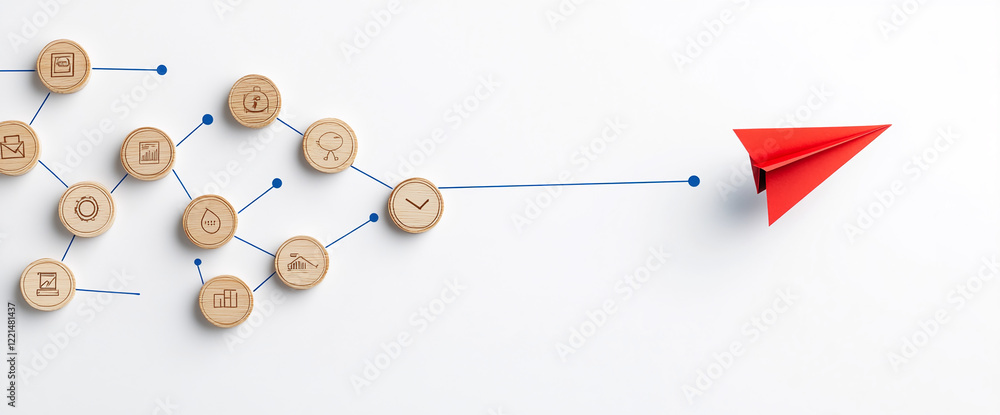 Poster Paper plane flying towards business network and icons representing data and growth. Business background