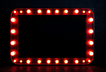 Marquee frame with retro light bulbs. Vintage red light sign boarder for casino, broadway billboard, circus or movie cinemas. Rectangle bright signboard for ads, promotion and sale with copy space	