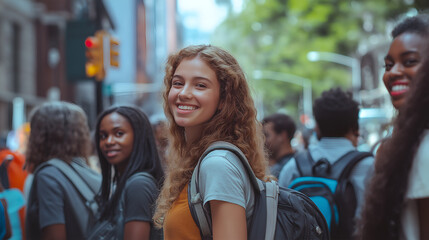 Fototapeta premium Students and woman with friends in city for university application, group and future. Queue, happiness and college freshman with people for solidarity, support and education