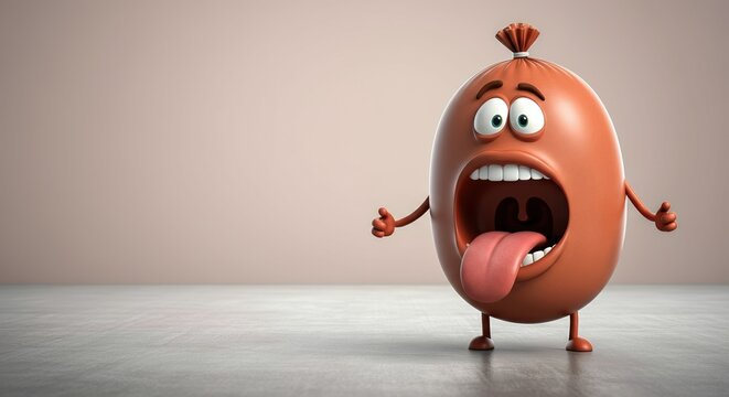 Cartoon sausage character with a surprised expression and tongue out