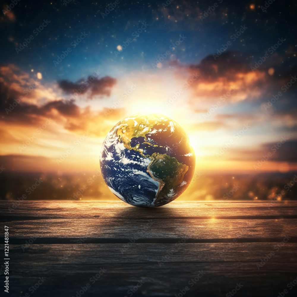 Poster Globe on wooden table with sunset background symbolizing the world and global connection