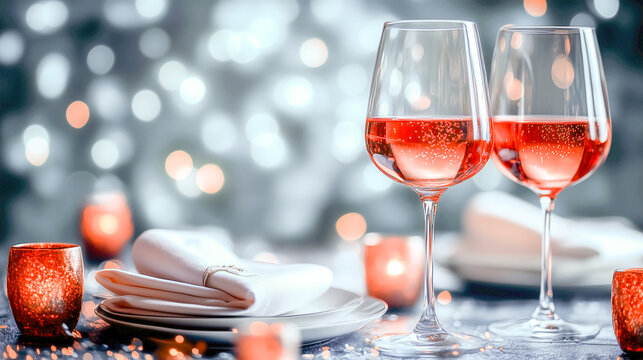 Sparkling rose wine glasses set on a festive table with candles and elegant tableware during an evening gathering
