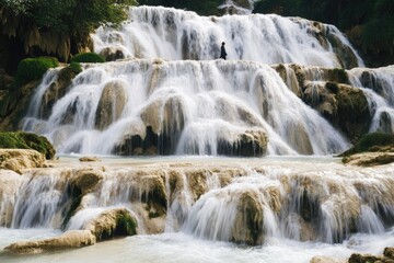 Obraz premium A person standing at the edge of a waterfall, looking out into the distance