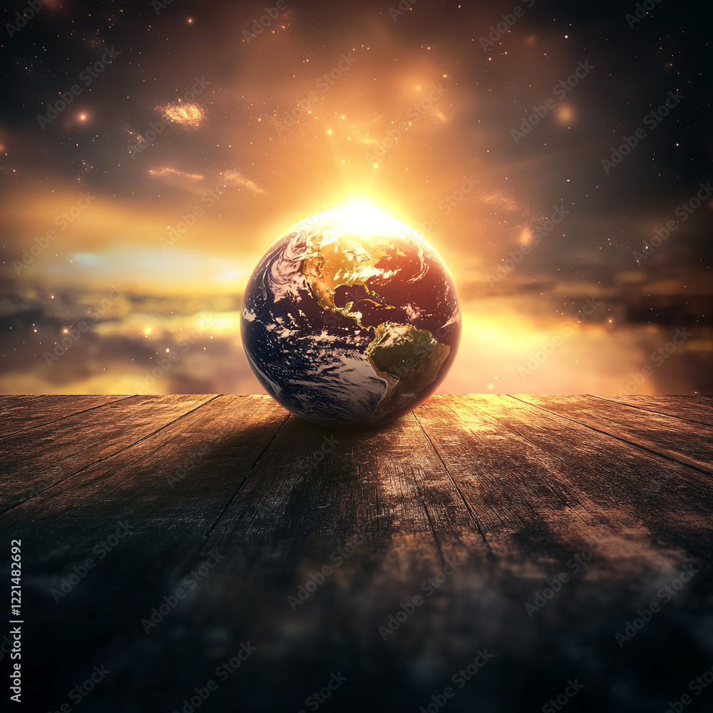 Poster globe on wooden table with sunset and glowing light, symbolizing the world and global connection